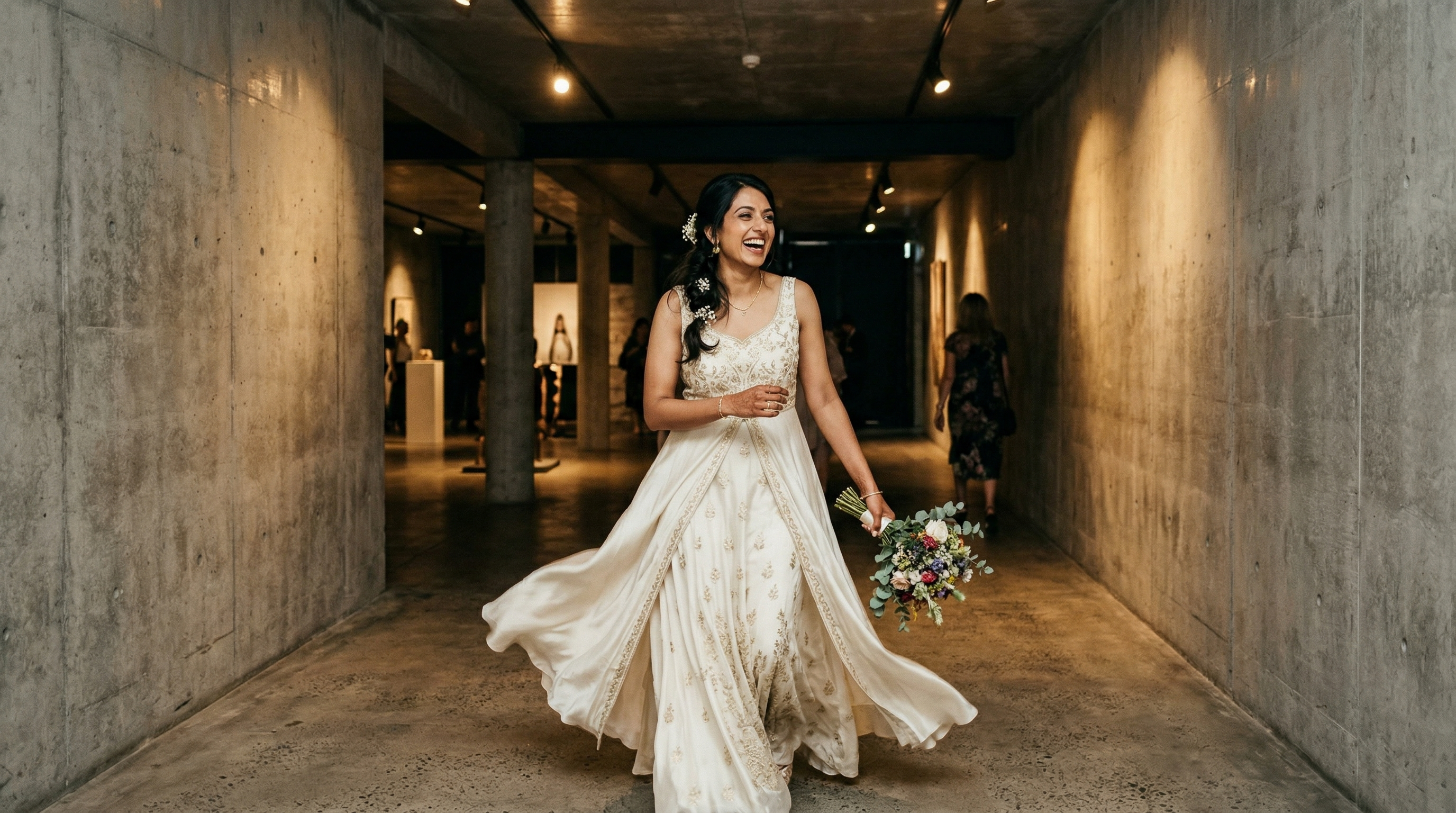Priya walking through gallery