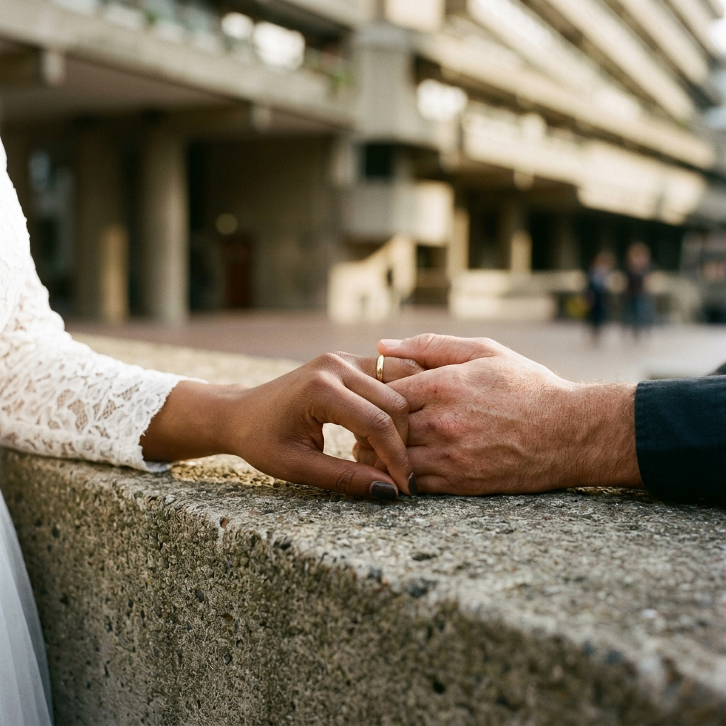 Hands intertwined on concrete