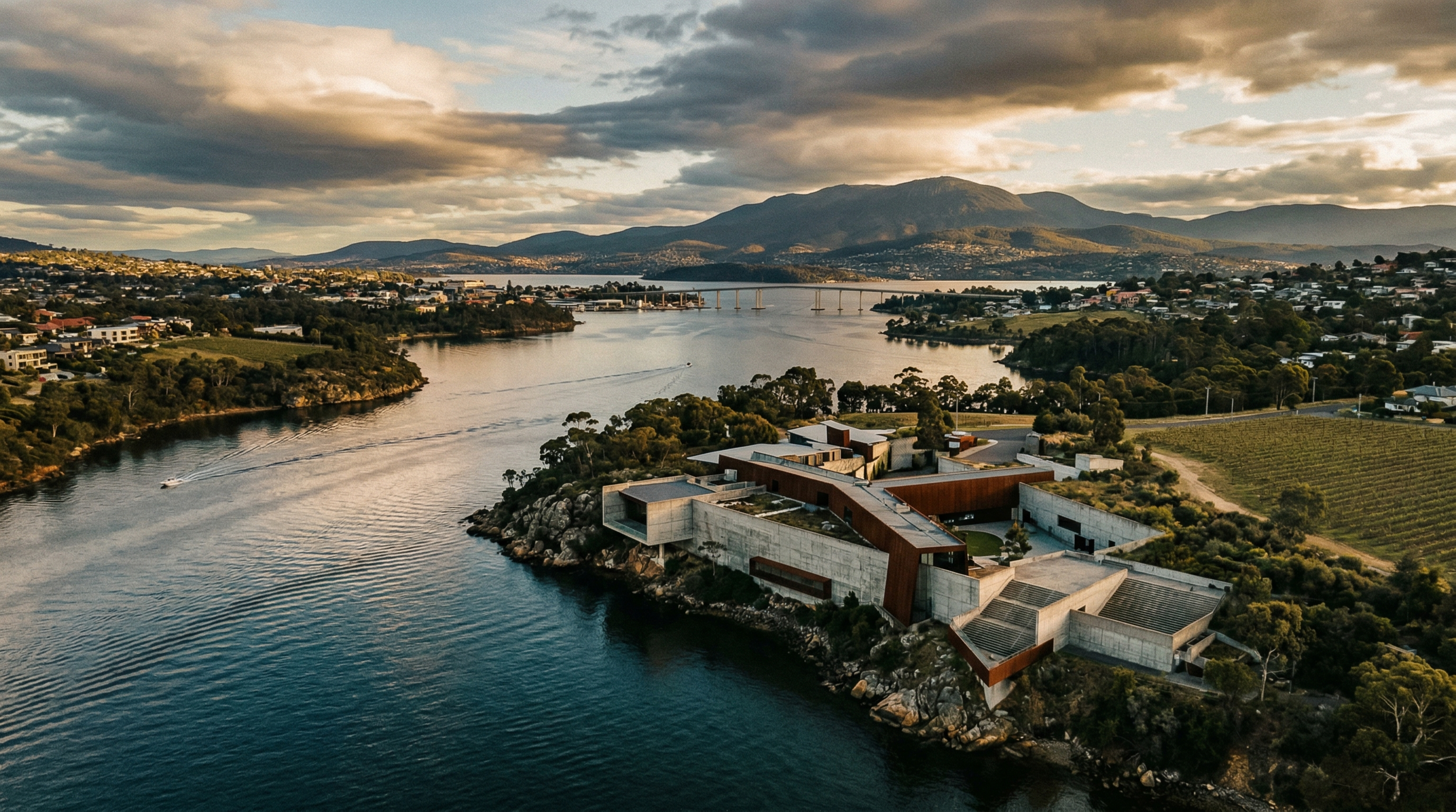 Aerial view of MONA and the Derwent River
